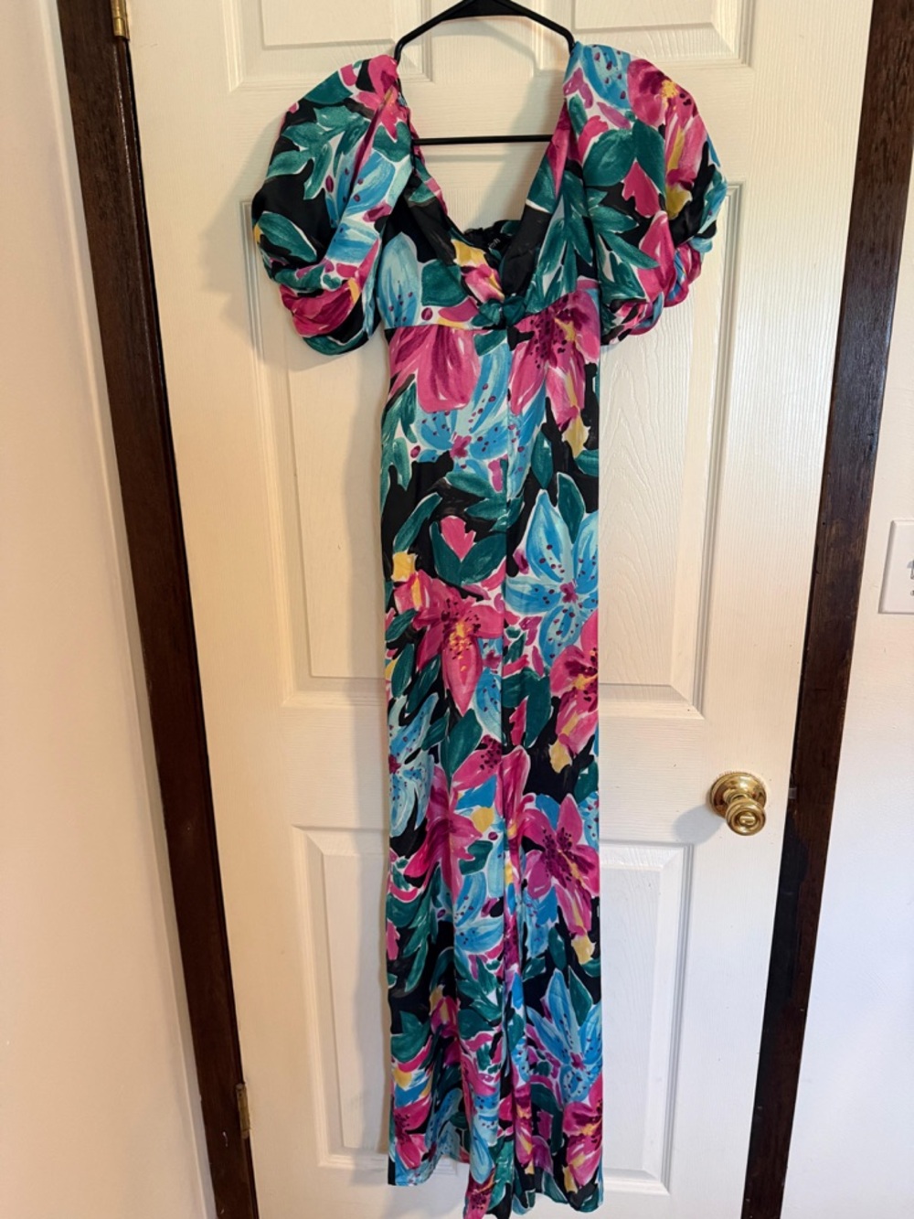 Zara Floral Puff-Sleeve Wide-Leg Jumpsuit in Pink & Teal - Picture 4 of 7
